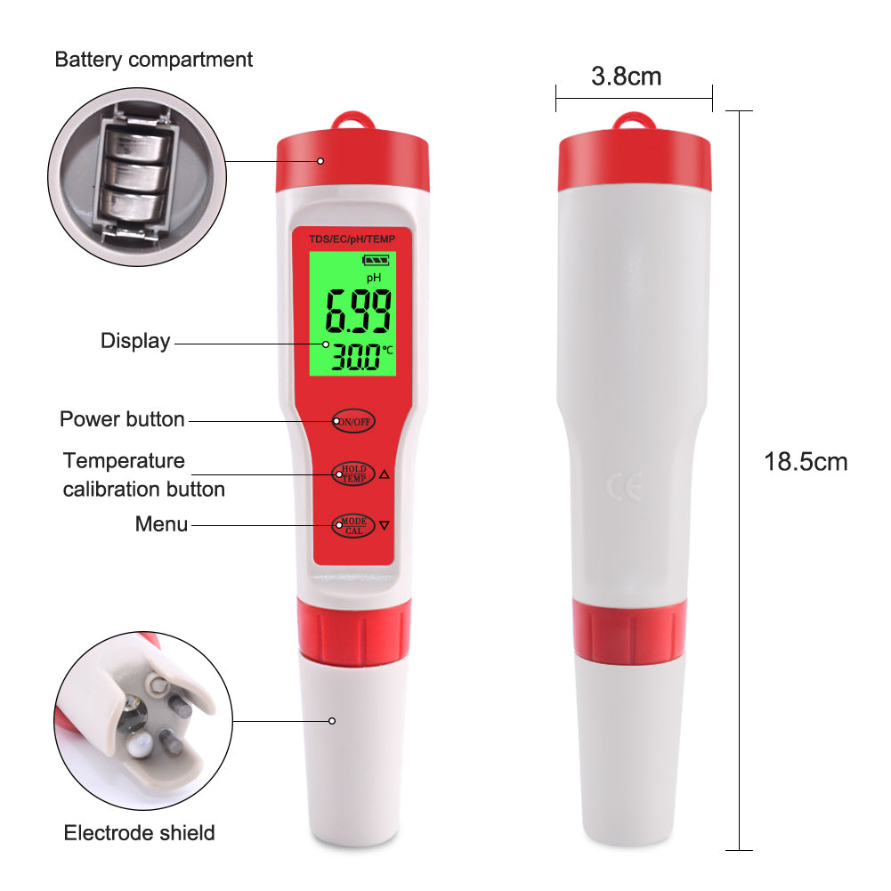 4-in-1 Multifunctional PH/EC/TDS/Temp Meter Portable Water Quality Digital Backlit Tester Pen (without Battery) 4-in-1 Multifunctional PH/EC/TDS/Temp Meter Portable Water Quality Digital Backlit Tester Pen (without Battery)